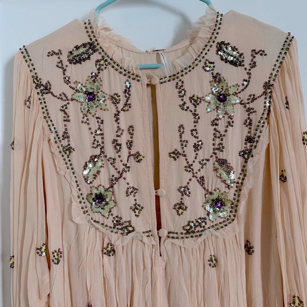 Free People Boho beaded mini dress long sleeves